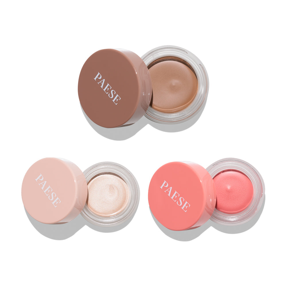 PAESE Cosmetics Contour Set Warm Tone includes cream blush, bronzer, and highlighter for contouring.