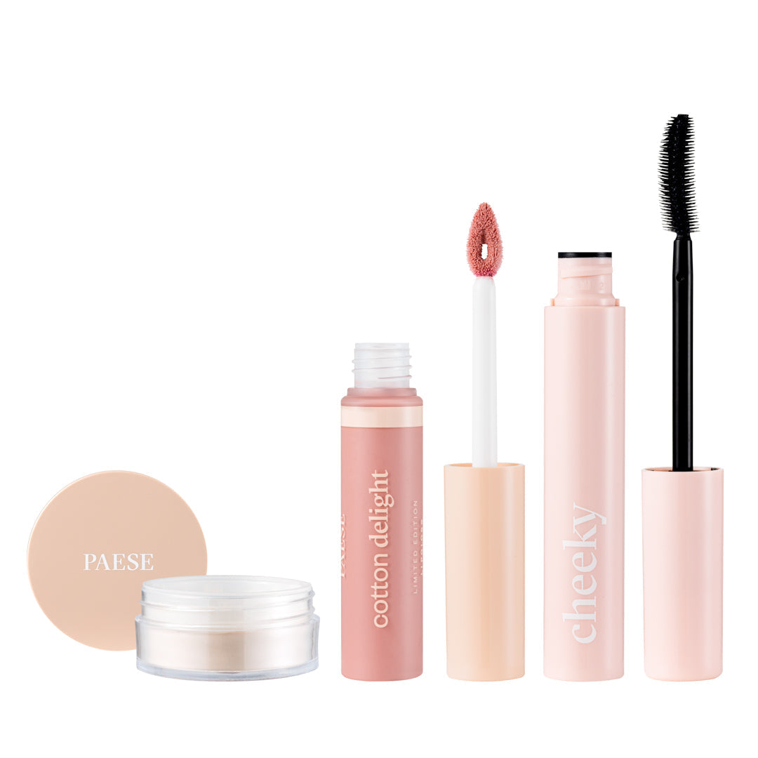 PAESE Makeup Gift Set includes Cheeky Mascara, Cotton Delight Lip Gloss and Barley Powder