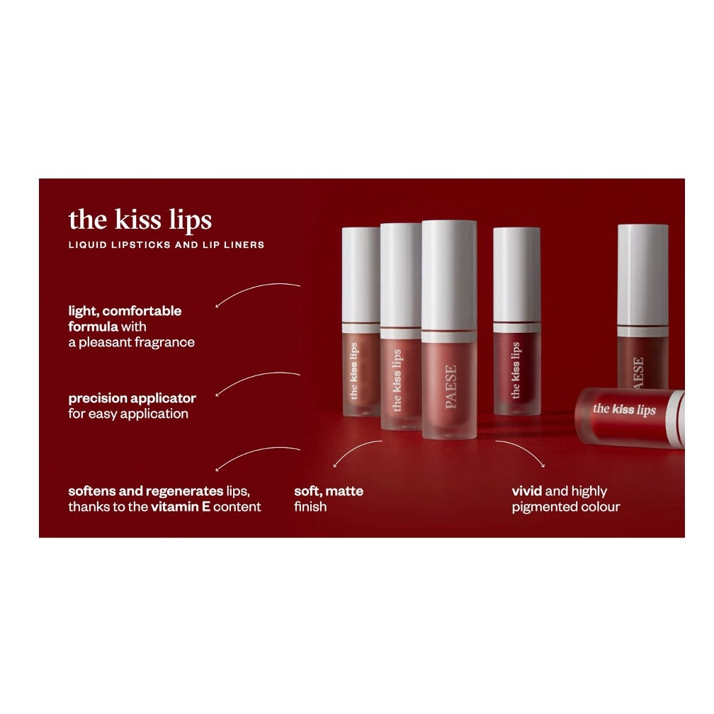 PAESE Cosmetics The Kiss Lips long-wearing matte Liquid Lipstick overview and characteristics.