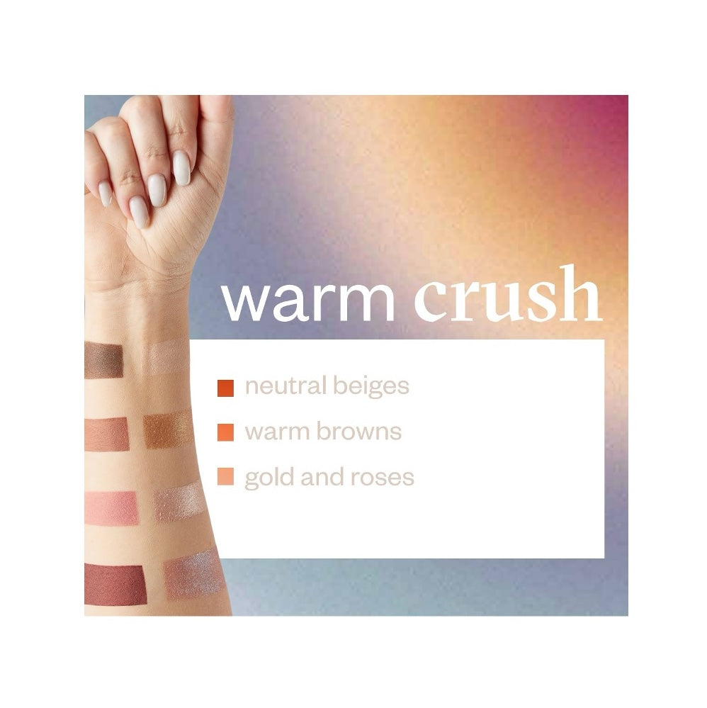 Paese Cosmetics Warm Crush eyeshadow palette, versatile shades, matte, and satin, finishes for day and night looks.